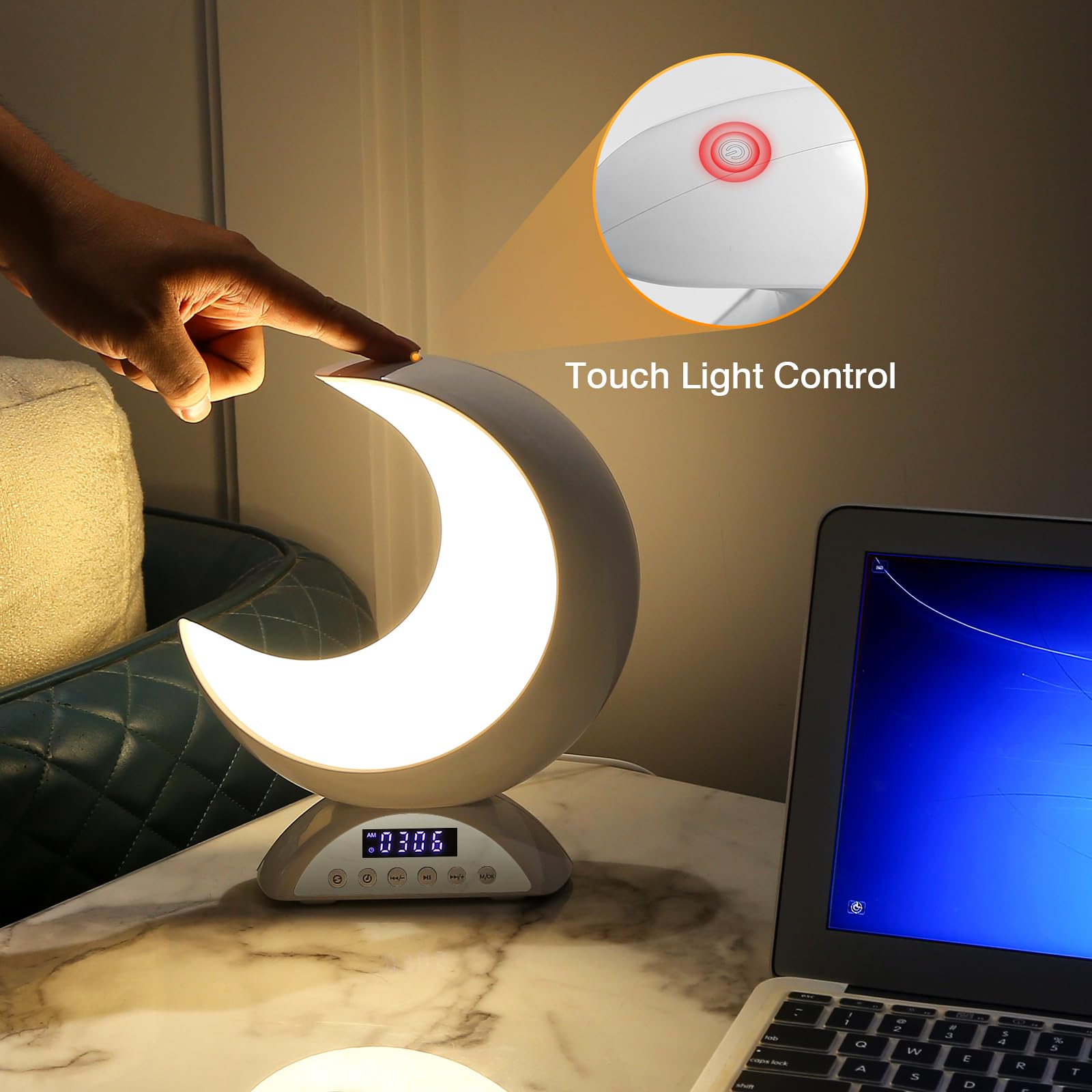 BRNEWO Moon Table Lamp with Time Alarm Clock, RGB Adjustable Light